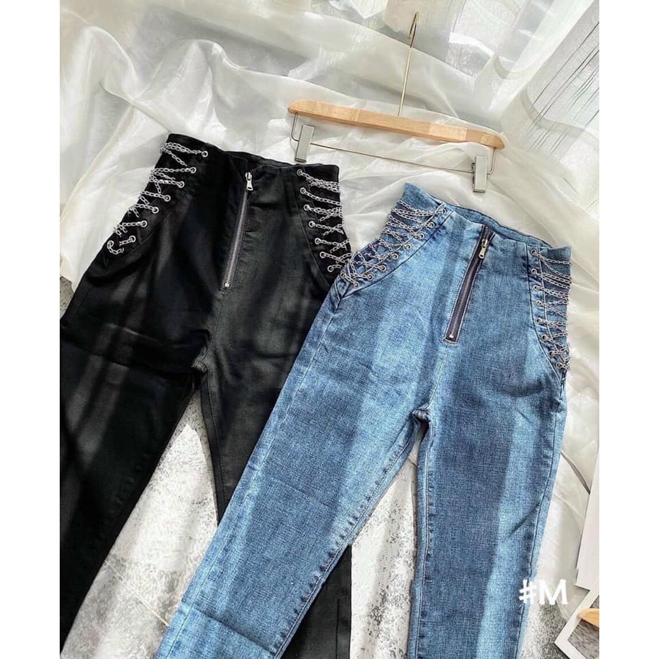 [Mã WASTMAY giảm 15% tối đa 30K đơn 150K] Quần jeans nữ oze dây xích vải co giãn mạnh lưng cao chất đẹp | BigBuy360 - bigbuy360.vn