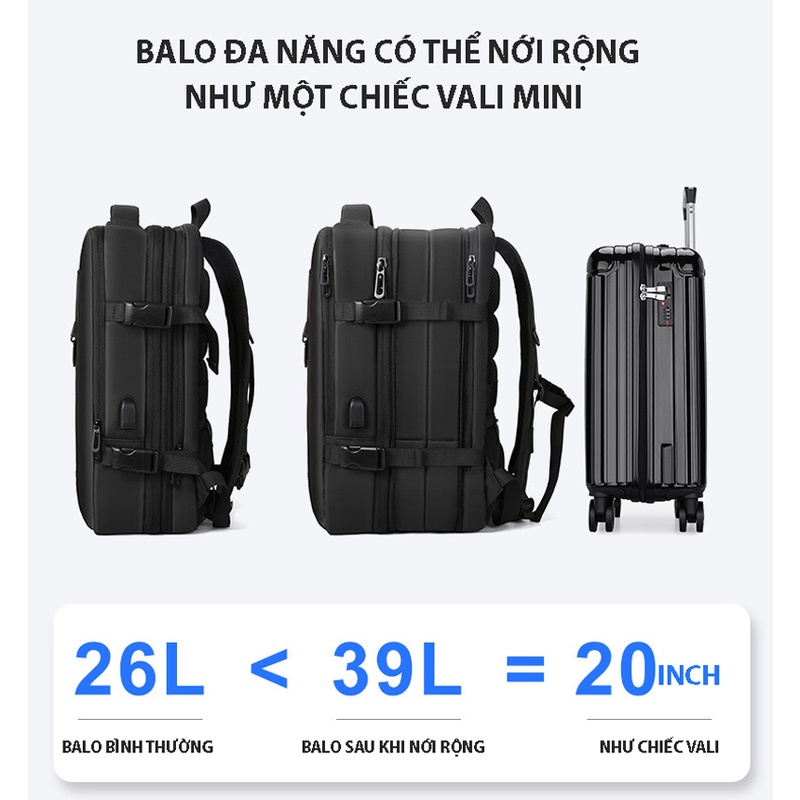 Balo đa năng đựng Laptop 17 inch FLCC có thể nới rộng kèm cáp sạc ẩn và đai gắn Vali tiện lợi