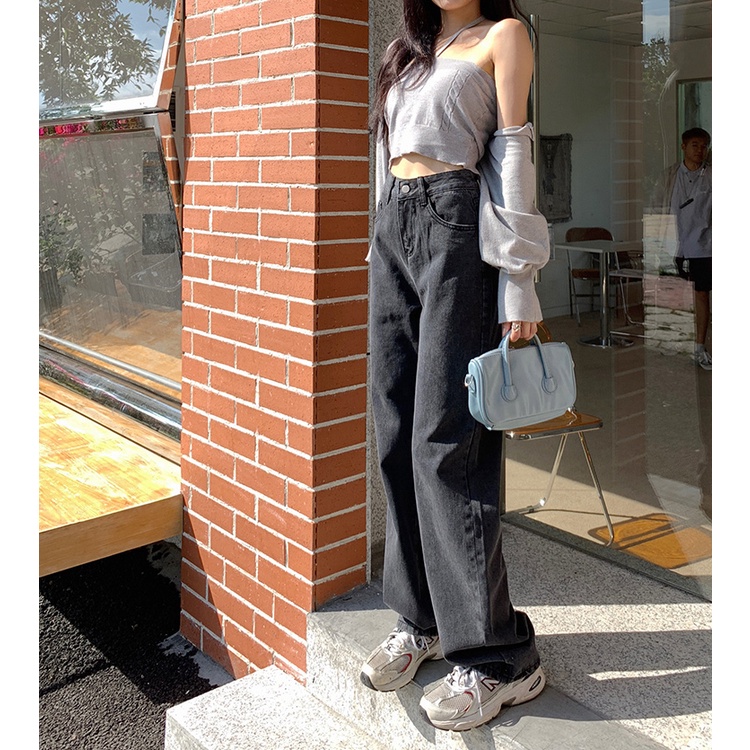 Quần jeans lưng cao ống rộng phong cách retro đường phố cho nữ