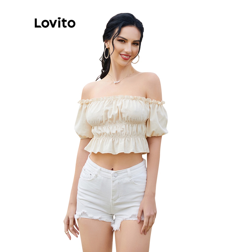Áo kiểu Lovito xếp nếp tay phồng trễ vai màu trơn phong cách lãng mạn L12D14 (Màu be) | BigBuy360 - bigbuy360.vn