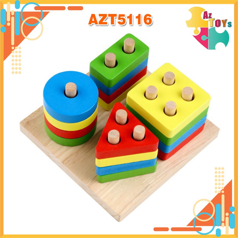 Đồ Chơi Gỗ Bộ Thả Hình Học 4 Trụ Montessori Cho Bé - AZT5116