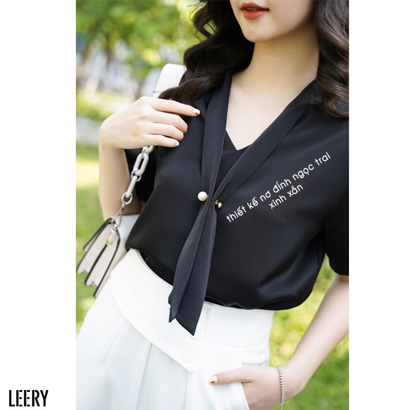 Áo sơ mi nữ tay phồng kiểu công sở Hàn Quốc form rộng vải lụa Ý cao cấp ngắn tay màu Trắng Đen Hồng LEERY SM-07