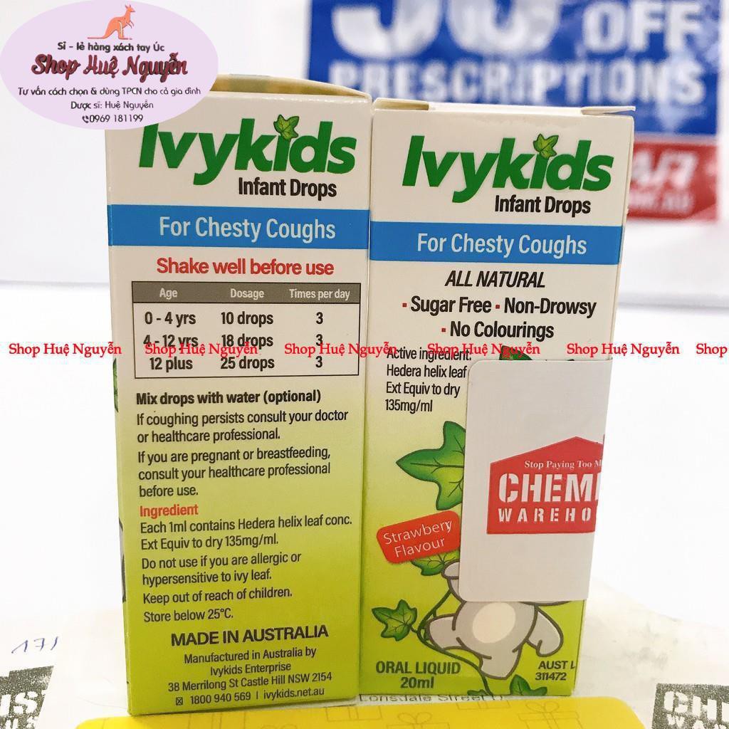 Siro giảm ho Ivykids Úc (Ivy Kids) cho trẻ  nhỏ sơ sinh từ lá cây thường xuân, không chất tạo màu ngon dễ uống- Jess18