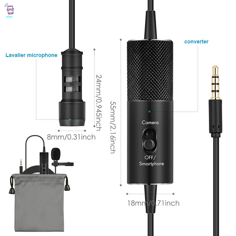 Microphone loại Lavalier dây cáp dài 5.8m có kẹp dùng để thu âm phỏng vấn/hội nghị qua video/podcast