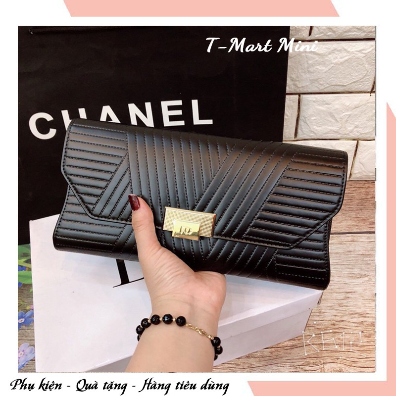 Túi ví cầm tay da vân chéo cực sang chảnh, ví kèm dây xích đeo túi