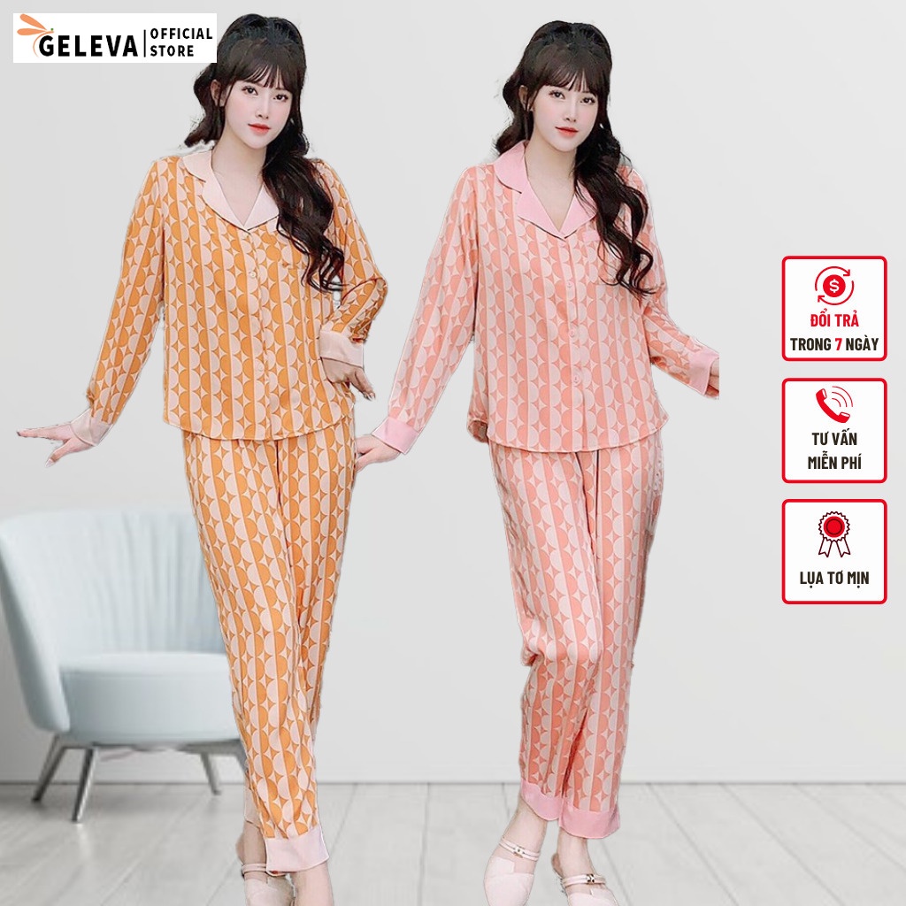 Đồ bộ pijama nữ Lụa mịn họa tiết Cao cấp áo dài tay, Đồ bộ mặc ở nhà ngủ nữ pyjama lụa đẹp dễ thương Geleva GE458
