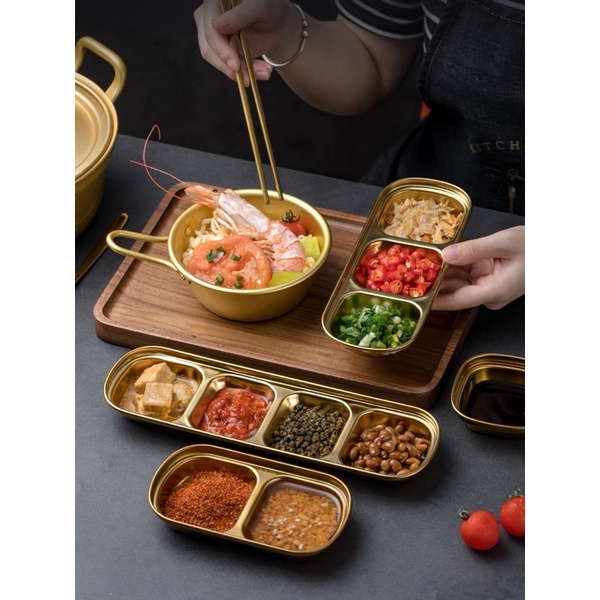 Khay đựng gia vị inox không ăn mòn 304 Hàn Quốc | Đĩa chấm inox vàng để panchan,đồ ăn kèm cho gia đình, nhà hàng cao cấp