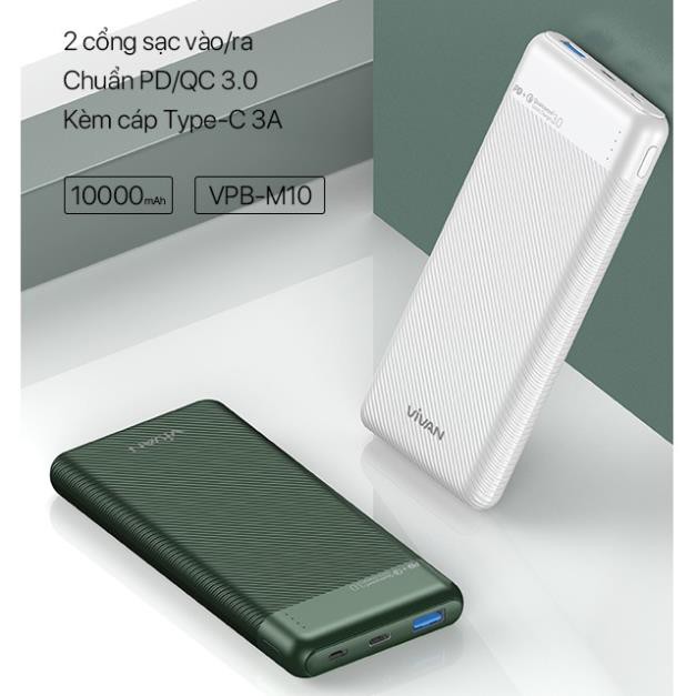 New Pin Sạc Dự Phòng 10000mAh VIVAN VPB-M10 Sạc Nhanh Chuẩn PD/QC3.0 18W 2 Output 2 Input