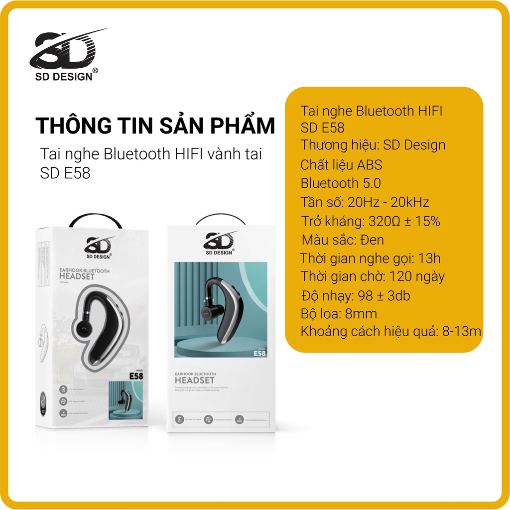 Tai nghe bluetooth thể thao một bên E58 chính hãng SD Design thiết kế cài vành tai sang trọng lịch lãm