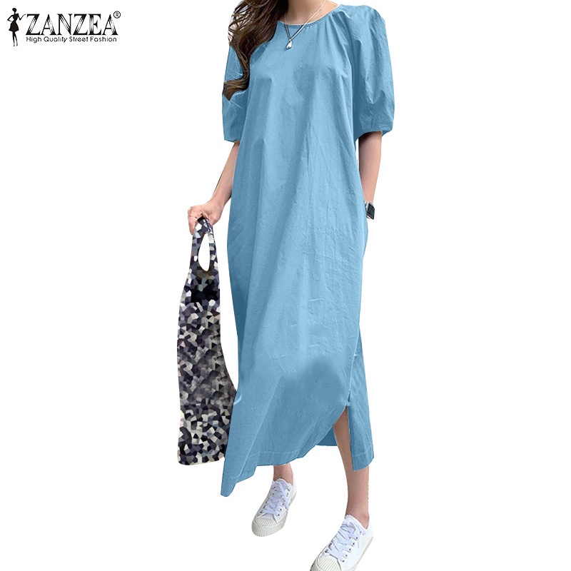 Đầm ZANZEA Cổ Tròn Màu Trơn Xe Tà Cho Nữ