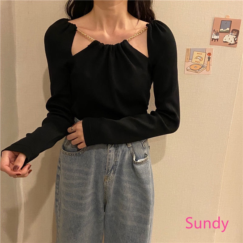 Áo Kiểu Tay Dài Phối Dây Xích Phong Cách Thời Trang Mùa Thu Hàn Quốc Cho Nữ