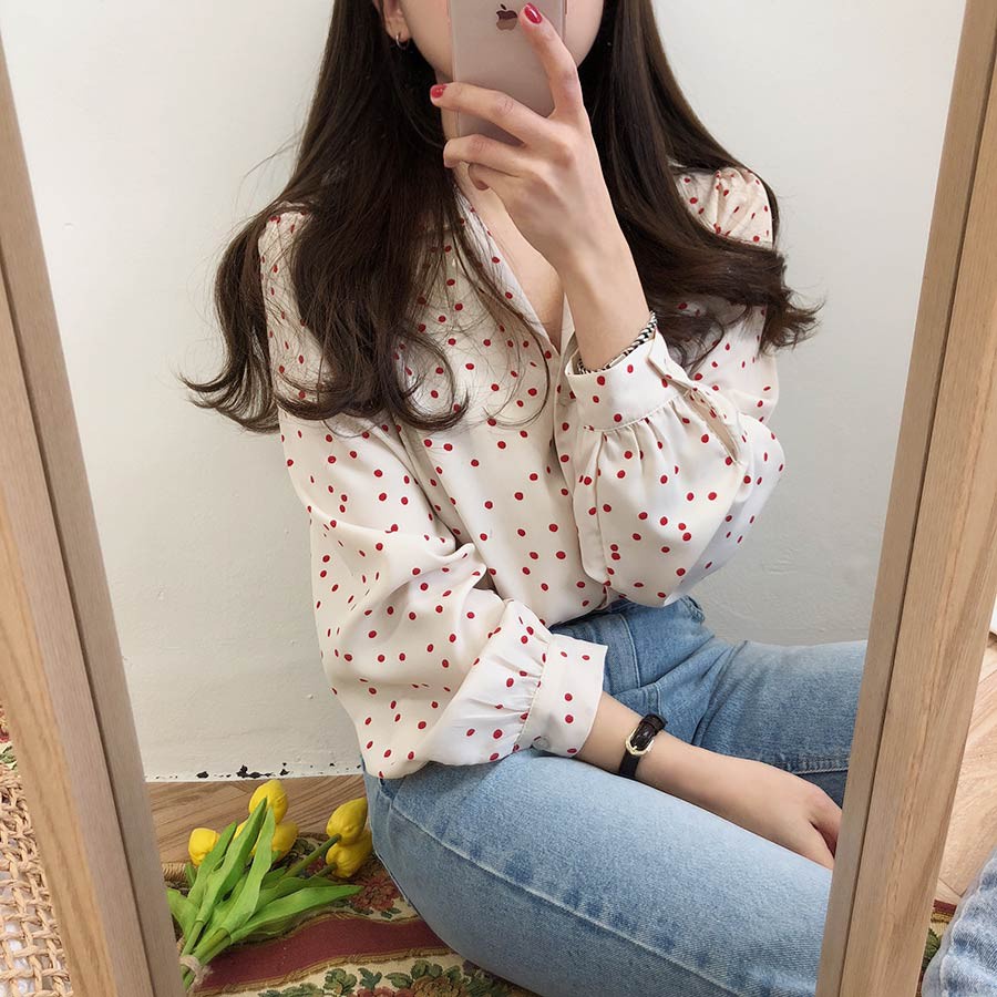 ♣▤Xiaozhainv Áo sơ mi voan tay dài dáng rộng họa tiết chấm bi phong cách cổ điển