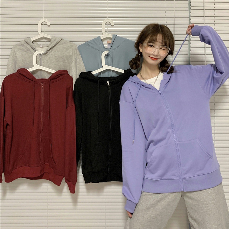 SUXI Áo Hoodie Tay Dài Dáng Rộng Màu Sắc Đơn Giản Cho Nữ