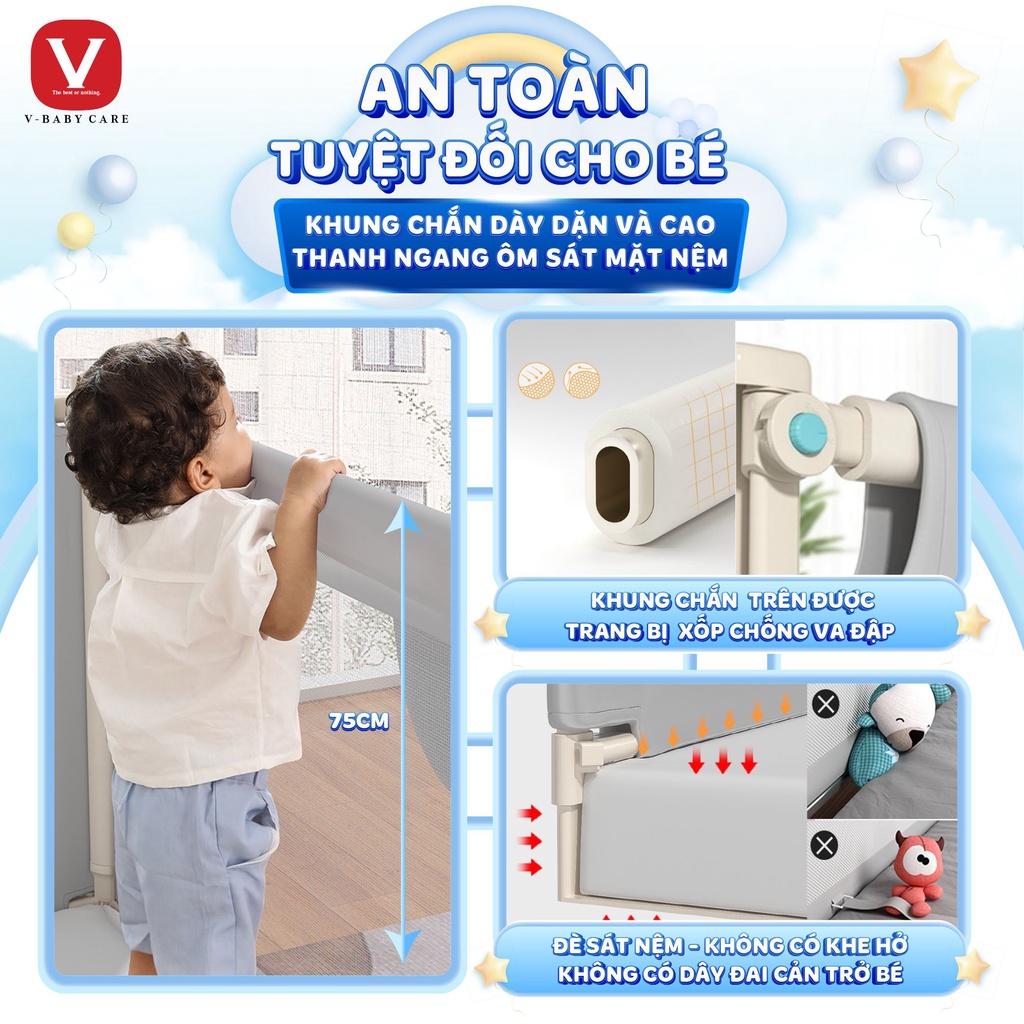 Thanh Chắn Giường Nhật Bản V-BABY NV02 & N1S Nâng Hạ 1 Bên (1 THANH CHẮN 1 MẶT)