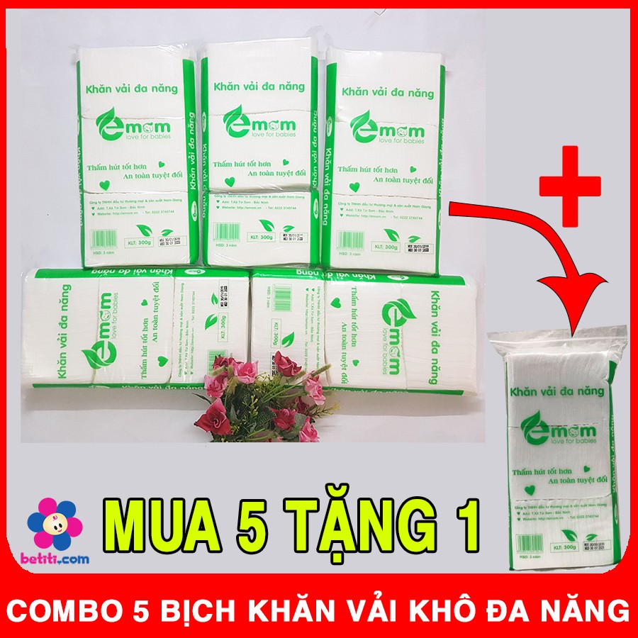 [MUA 5 TĂNG 1] Combo 5 Bịch Khăn Vải Khô Đa Năng Emom 300gr + Tặng 01 Bịch Khăn Vải Đa Năng - BETITI - 8938517691041x5