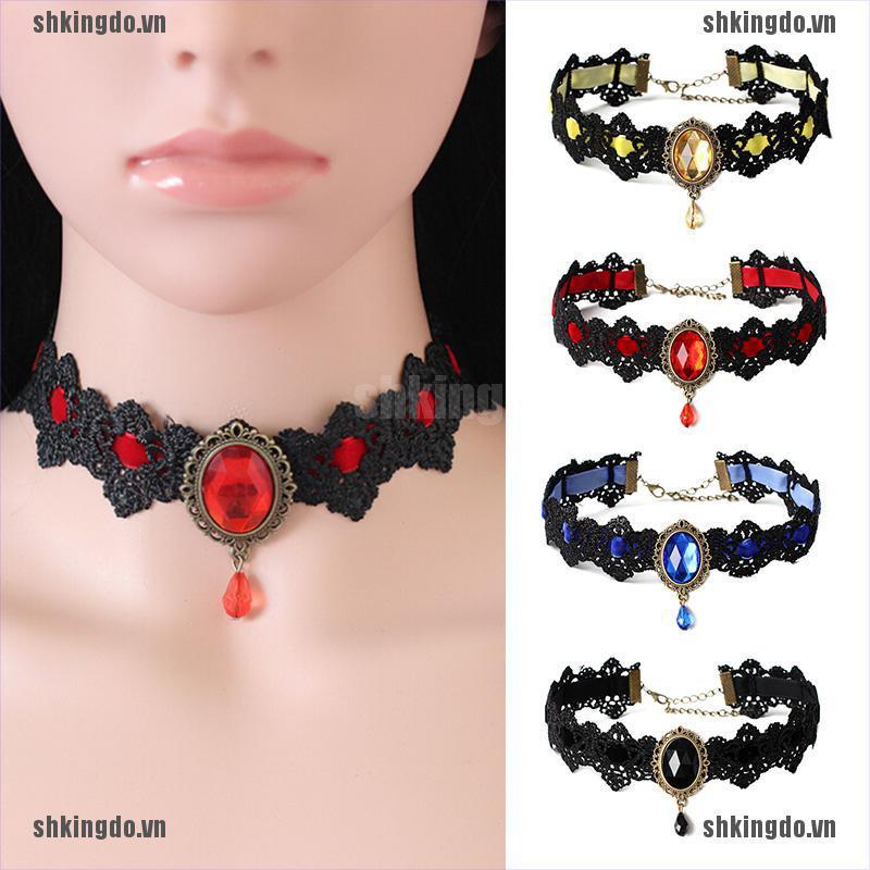 Vòng Cổ Choker Dây Nhung Đen Đính Đá Pha Lê Phong Cách Gothic