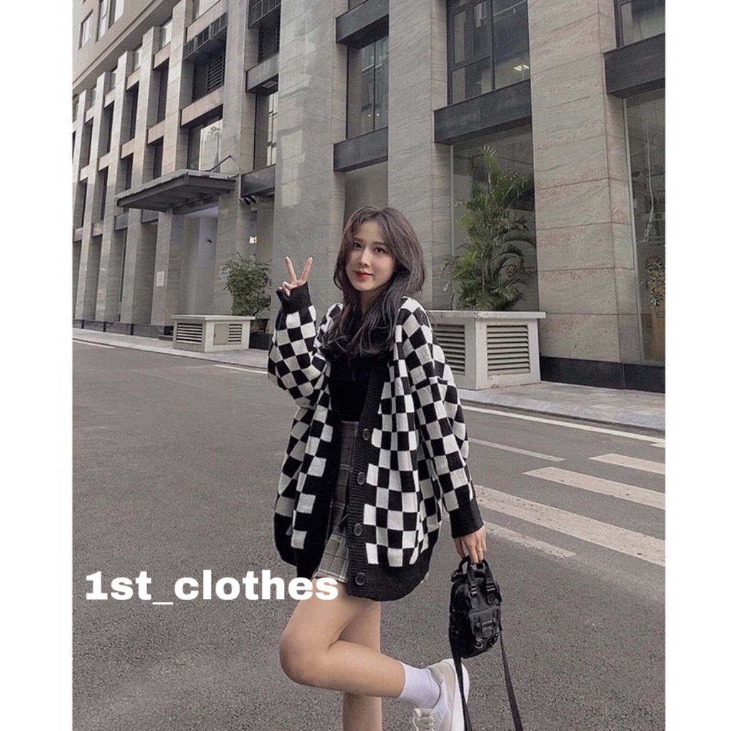 Áo cardigan nữ hàn quốc phối họa tiết bàn cờ đen trắng form rộng tay dài một hàng cúc 1st_clothes