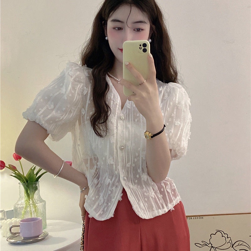 COZOK Áo Kiểu Tay Phồng Cổ Chữ V Thời Trang Xinh Xắn Cho Nữ