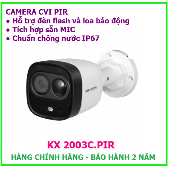 Camera CVI PIR 2.0MP KBVISION KX 2003C.PIR Hỗ trợ đèn flash và loa báo động Tích hợp sẵn MIC Chuẩn chống nước IP67