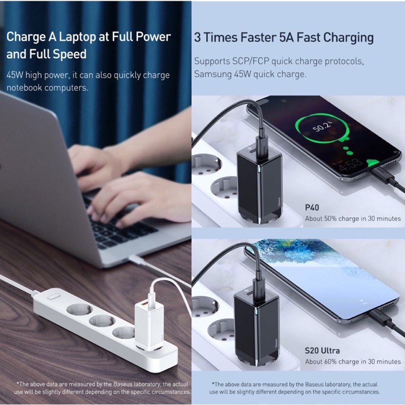 Củ sạc nhanh Macbook Air, iPad Pro, iPhone 12 Series, S21, Note 20 Ultra 5G BASEUS Mini Quick Charge Dual USB-C 45W GaN