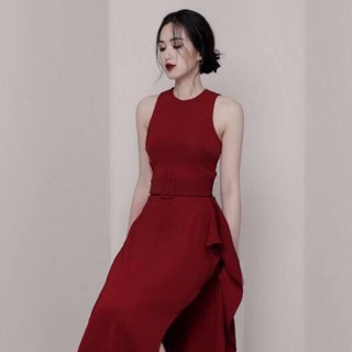 Đầm dự tiệc xẻ tà phối ren dáng dài qua gối
