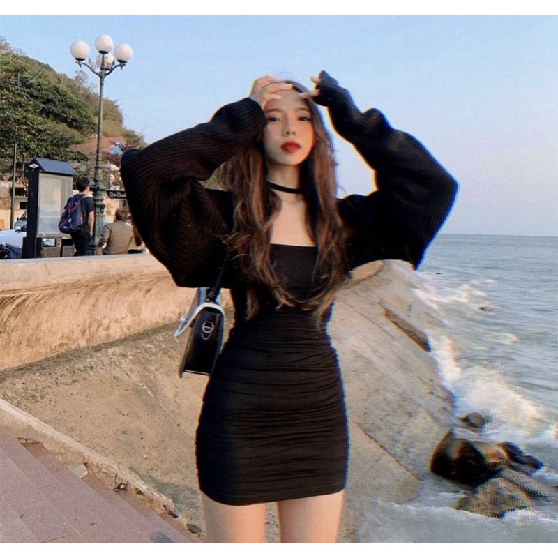 Set đầm 2s nhún hai bên kèm áo khoác croptop ngoài - T5N
