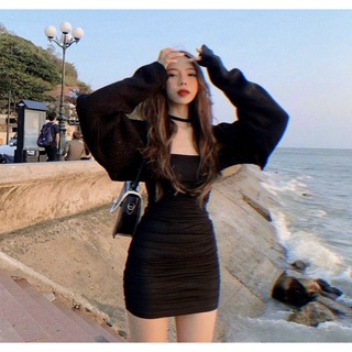 Set đầm 2s nhún hai bên kèm áo khoác croptop ngoài - T5N