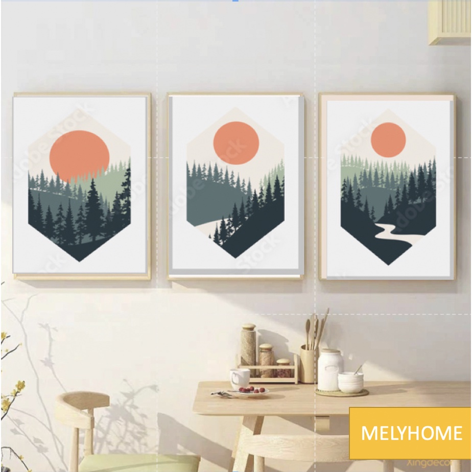 12 bộ tranh treo tường, tranh canvas, phong cách tối giản Boho- Minimalism tone cam trắng trừu tượng, tặng đinh 3 chân t