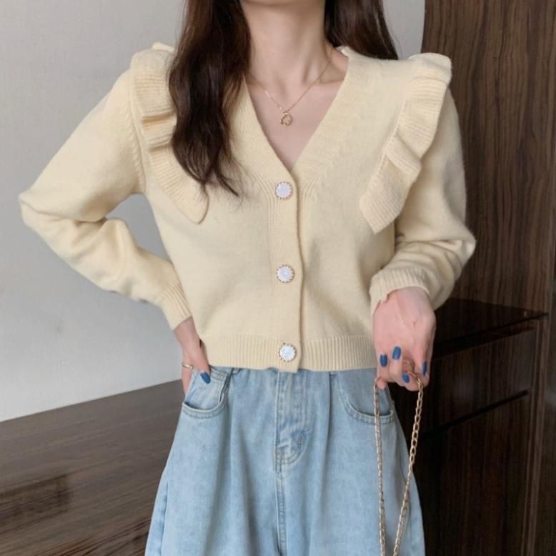 Áo len nữ, áo len croptop tay bèo hàng quảng châu loại 1 _ảnh thật