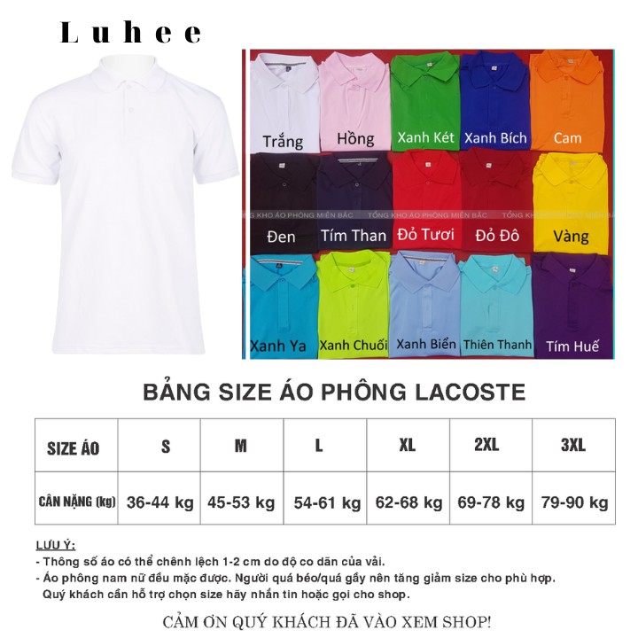 Áo phông Trơn Nam Nữ - Áo thun POLO màu TRẮNG ngắn tay có cổ, Vải LACOSTE Cá sấu 4 chiều CAO CẤP, IN ẤN theo yêu cầu