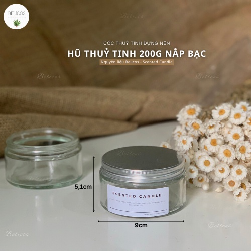Hũ đựng nến thơm thuỷ tinh trong suốt 200ml - Nắp bạc, chịu nhiệt, dáng lùn xinh xắn