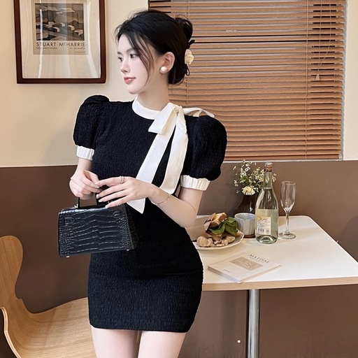 Đầm Đen Tay Ngắn Cổ Tròn Nhấn Eo Phong Cách Pháp Thời Trang Mùa Hè Quyến Rũ Cho Nữ