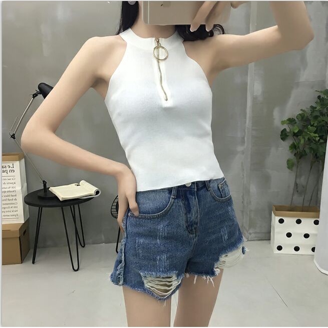 Áo Croptop Sát Nách Phối Khoá Kéo Màu Trắng Đen Thiết Kế Trễ Vai Quyến Rũ