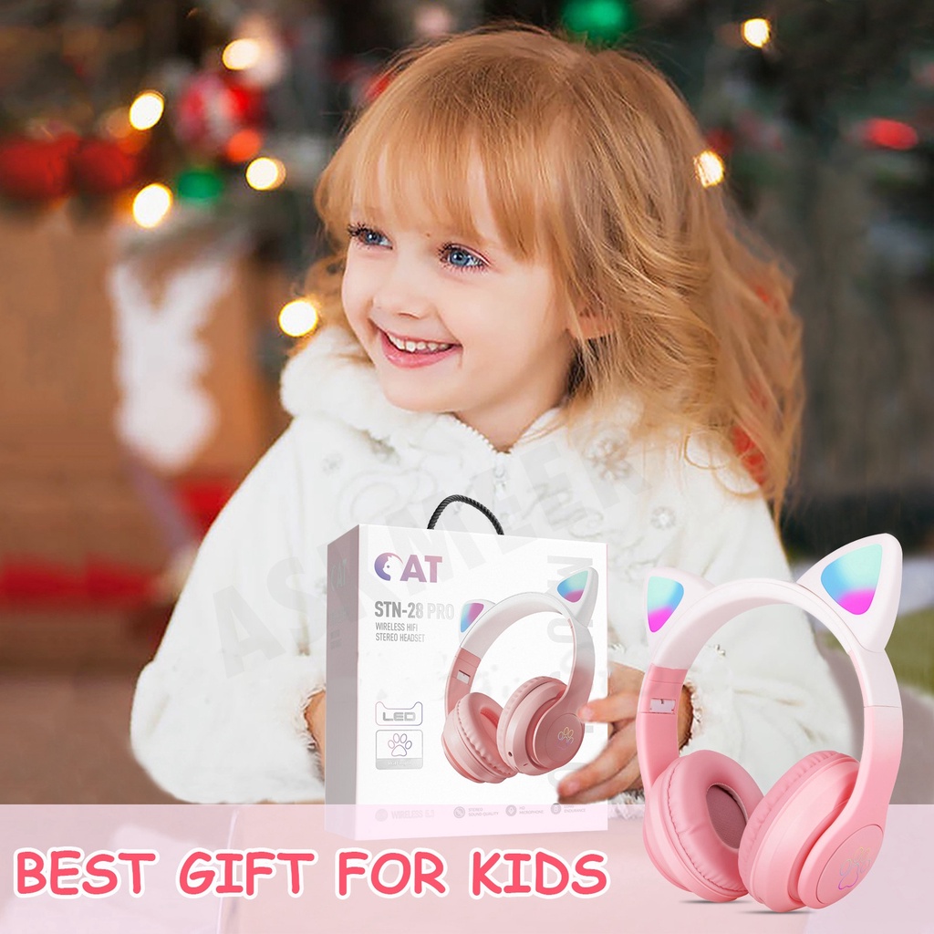 Tai Nghe Chụp Tai Bluetooth Không Dây Âm Thanh Nổi RGB Hình Tai Mèo Màu Gradient Có Mic Cho Bé Gái