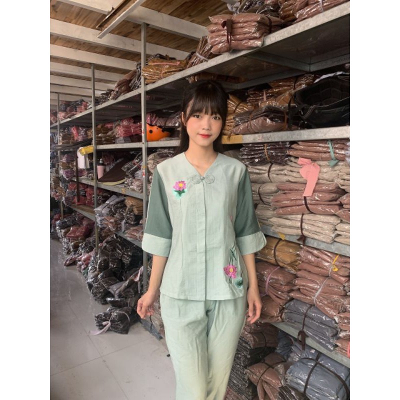 đồ bộ đi chùa #tim một nút vải linen cao cấp