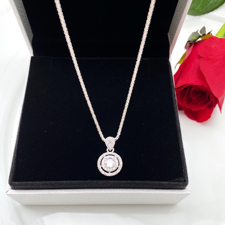Dây chuyền bạc ý Evasilver mặt hình tròn gắn đá sang trọng nữ tính, Vòng cổ bạc S925 mẫu dây xù bền đẹp sáng bóng