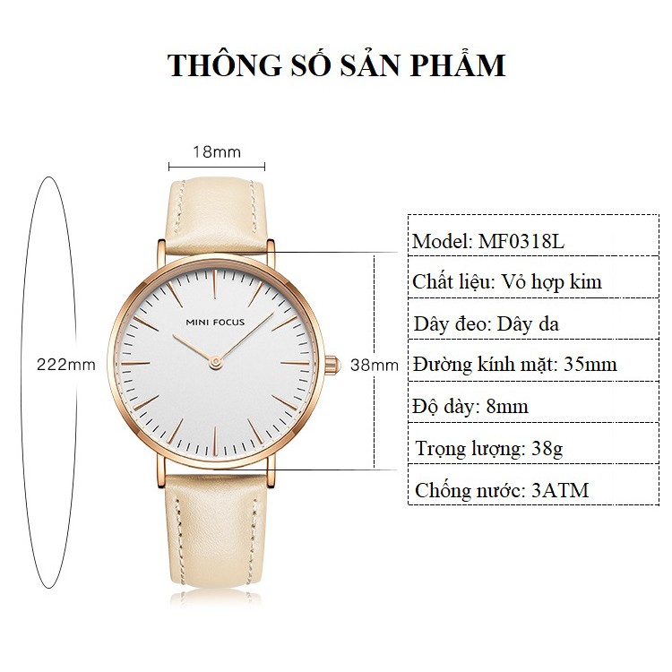 Đồng Hồ Nữ ❤️FREESHIP❤️ Đồng Hồ Đeo Tay Thời Trang MINI FOCUS MF0318L.01 Dây Da Siêu Nhẹ Chống Nước 2 Kim Đẹp Cao Cấp