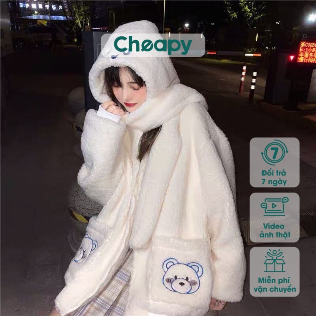 Aó khoác vải lông gấu unisex Cheapy màu trắng form rộng 2 túi có mũ ulzzang cá tính phong cách hàn quốc C498