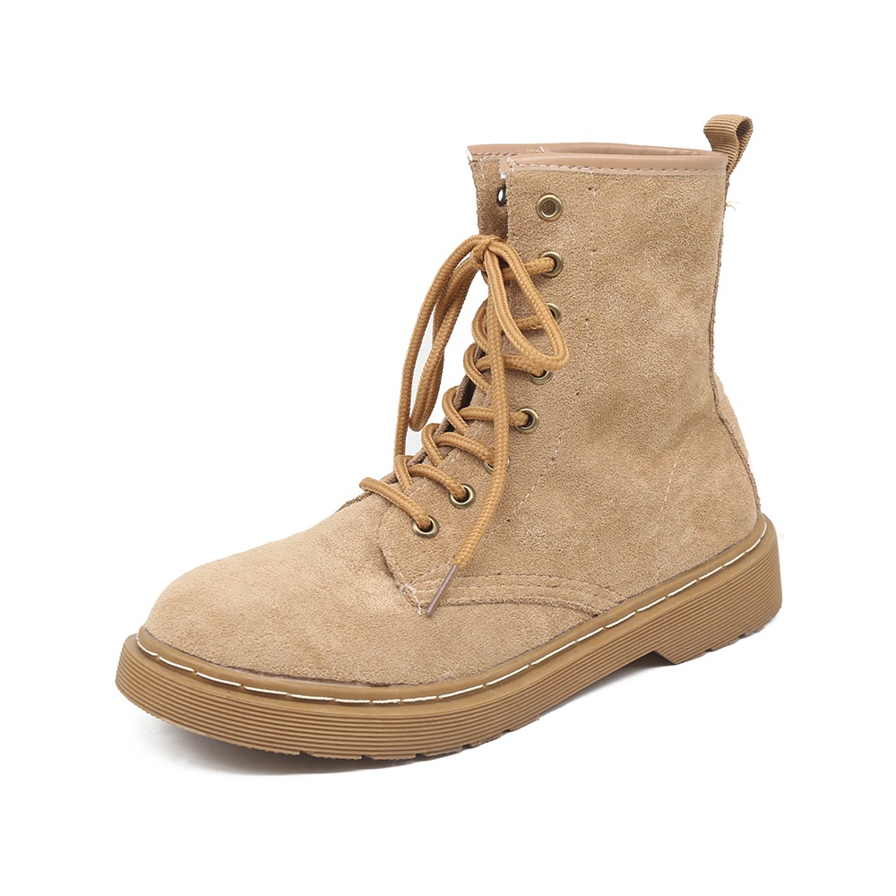 Giày boots Martin nữ cổ cao kiểu Anh da lộn đế bệt style retro cá tính năng động mùa thu đông