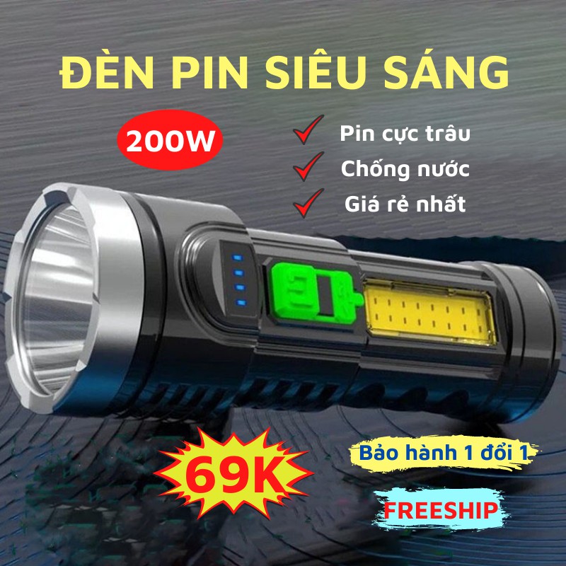 Đèn Pin Cầm Tay, Đèn Pin LED Siêu Sáng Sạc USB Chống Thấm Nước, ASAKI OFFICIAL