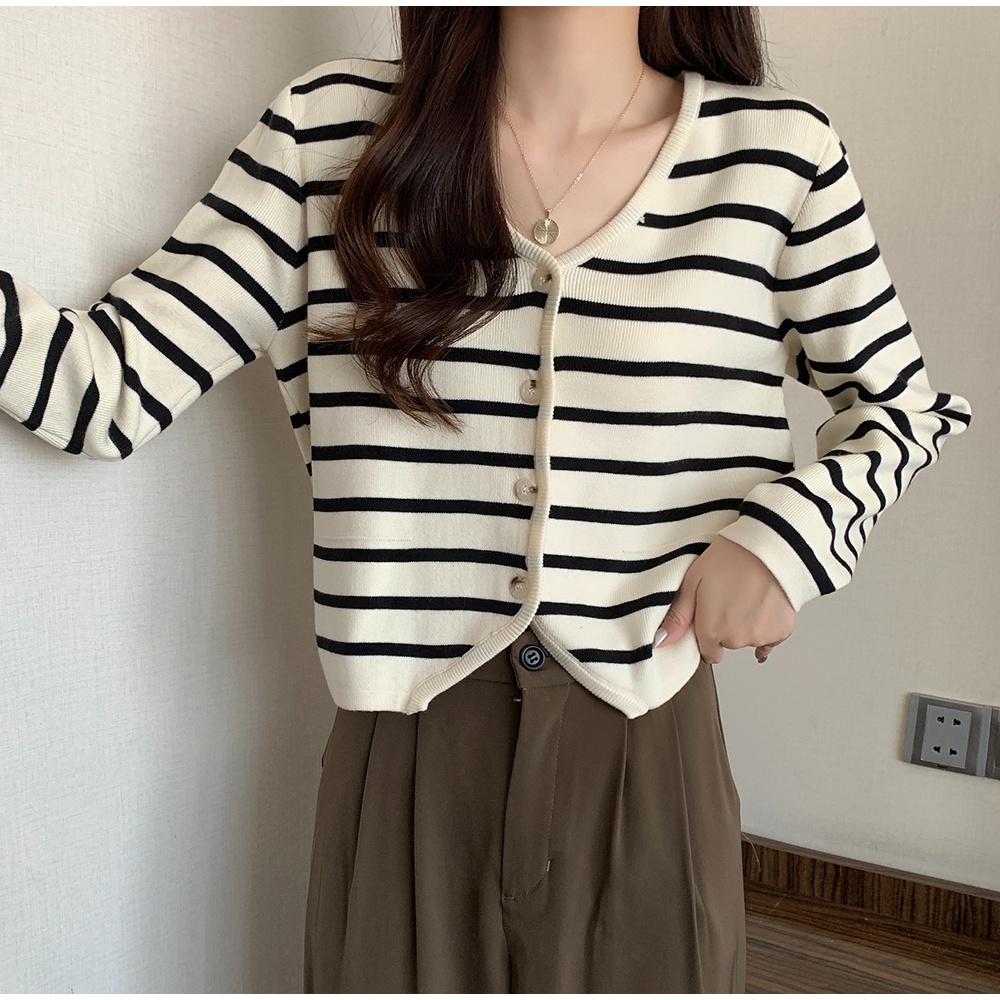 Áo cardigan dệt kim ZHELIHANGFEI tay dài cổ V eo cao họa tiết kẻ sọc