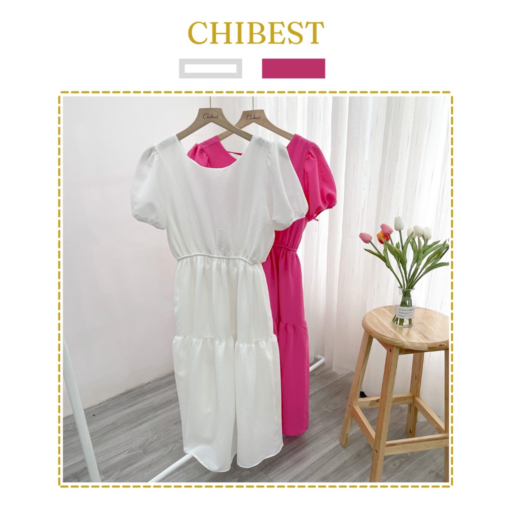 Đầm maxi xốp tầng chun eo buộc dây lưng tay phồng CHIBEST HDB420