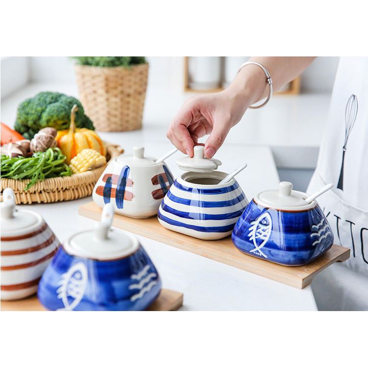 [CÓ SẴN] Hũ gia vị sứ kèm muỗng phong cách Nhật Bản