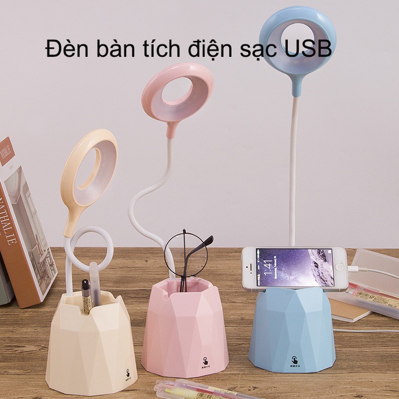 Đèn bàn học sạc tích điện, đèn led đọc sách chống cận cho học sinh, có giá để bút, điện thoại