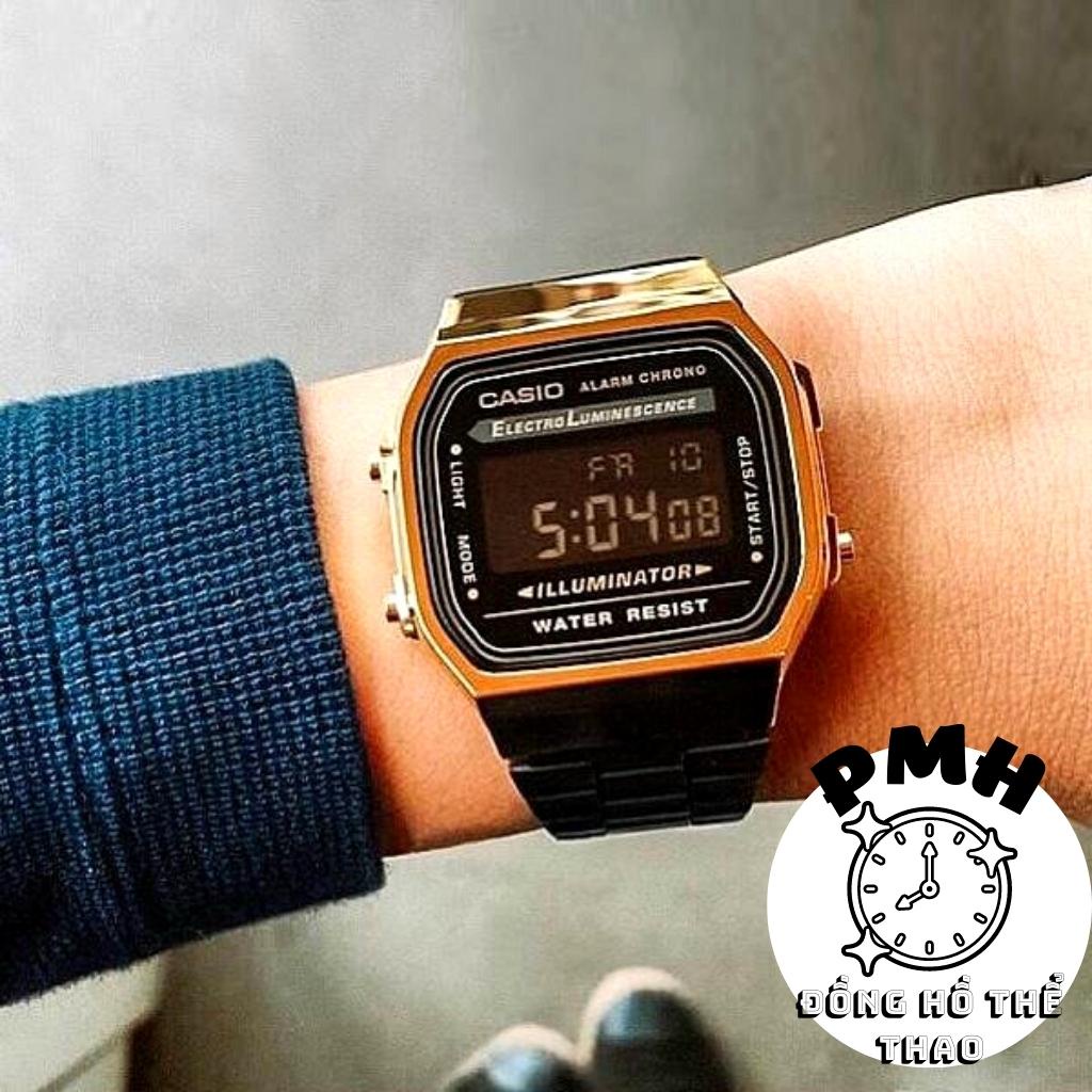 Đồng hồ đeo tay nam , đồng hồ unisex thể thao A168 màu đen vàng cổ điển kích thước 38×36×9mm