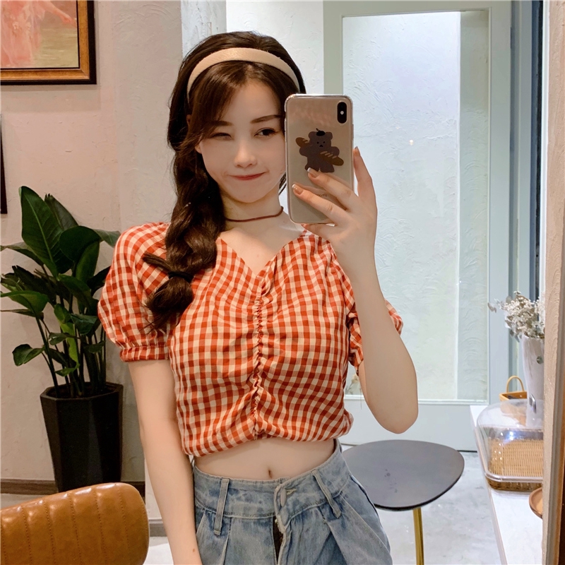 SUXI Áo Kiểu Tay Ngắn Hoạ Tiết Sọc Ca-Rô Cho Phái Nữ