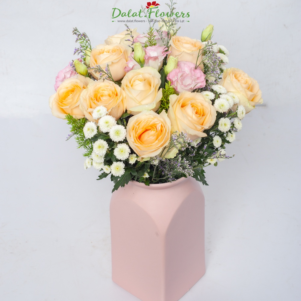 Bình gốm vuông đáy Dalat.flowers - Bình cắm hoa trang trí nhà cửa, văn phòng