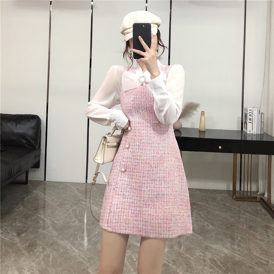Váy dạ tweed cổ nơ phối voan thanh lịch đầm dạ tweed dáng chữ A V152