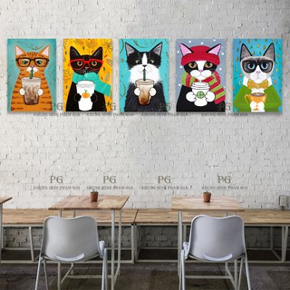 Bộ 5 tranh canvas treo quán cafe Chủ đề những chú mèo ngộ nghĩnh - Khung Hình Phạm Gia PG1822