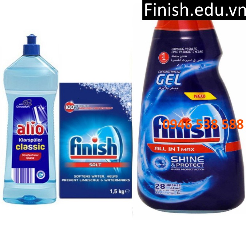 Combo Nước rửa chén Finish 650ml + muối rửa chén finish 1.5kg + Nước làm bóng alio 1 lít dùng cho máy rửa bát